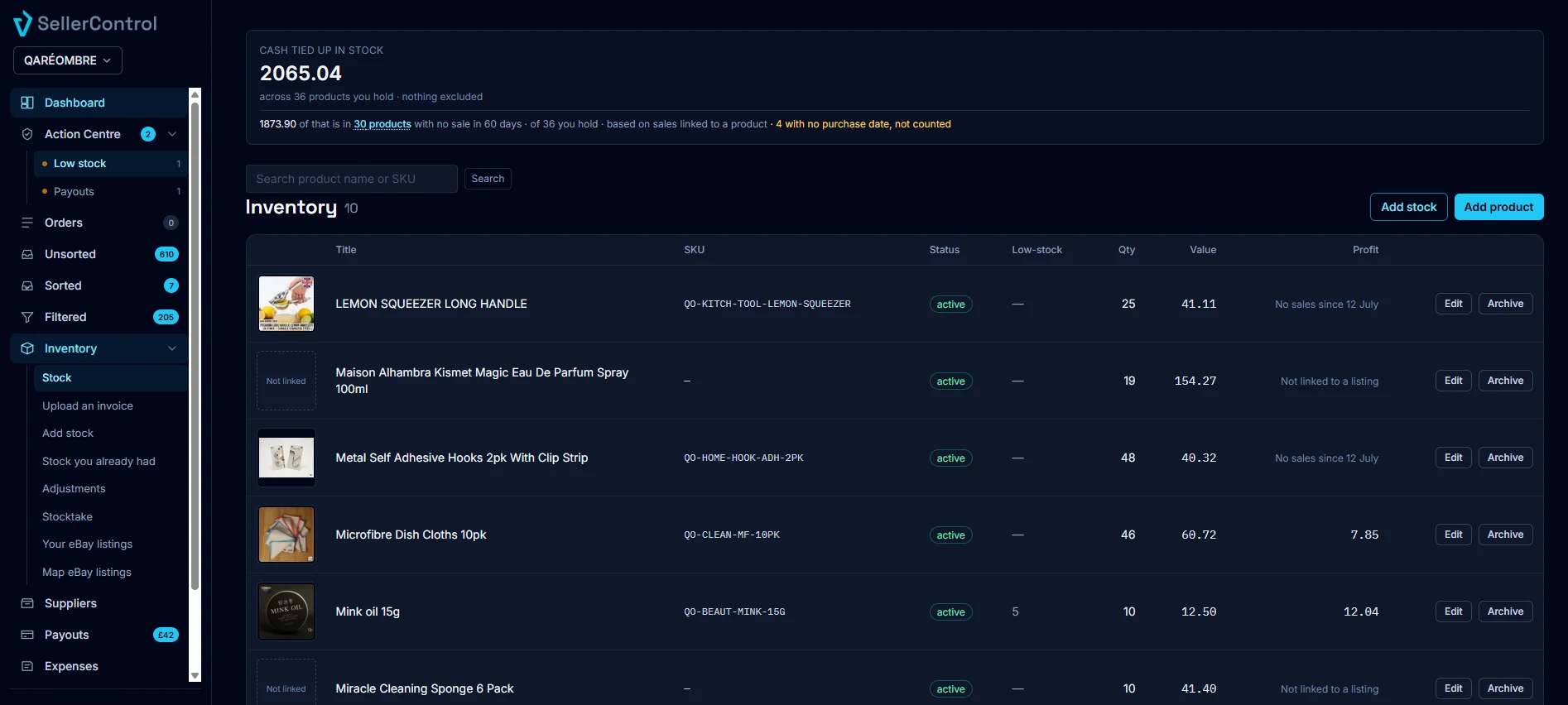 Inventory with cash tied up in stock and what it excludes stated on the tile