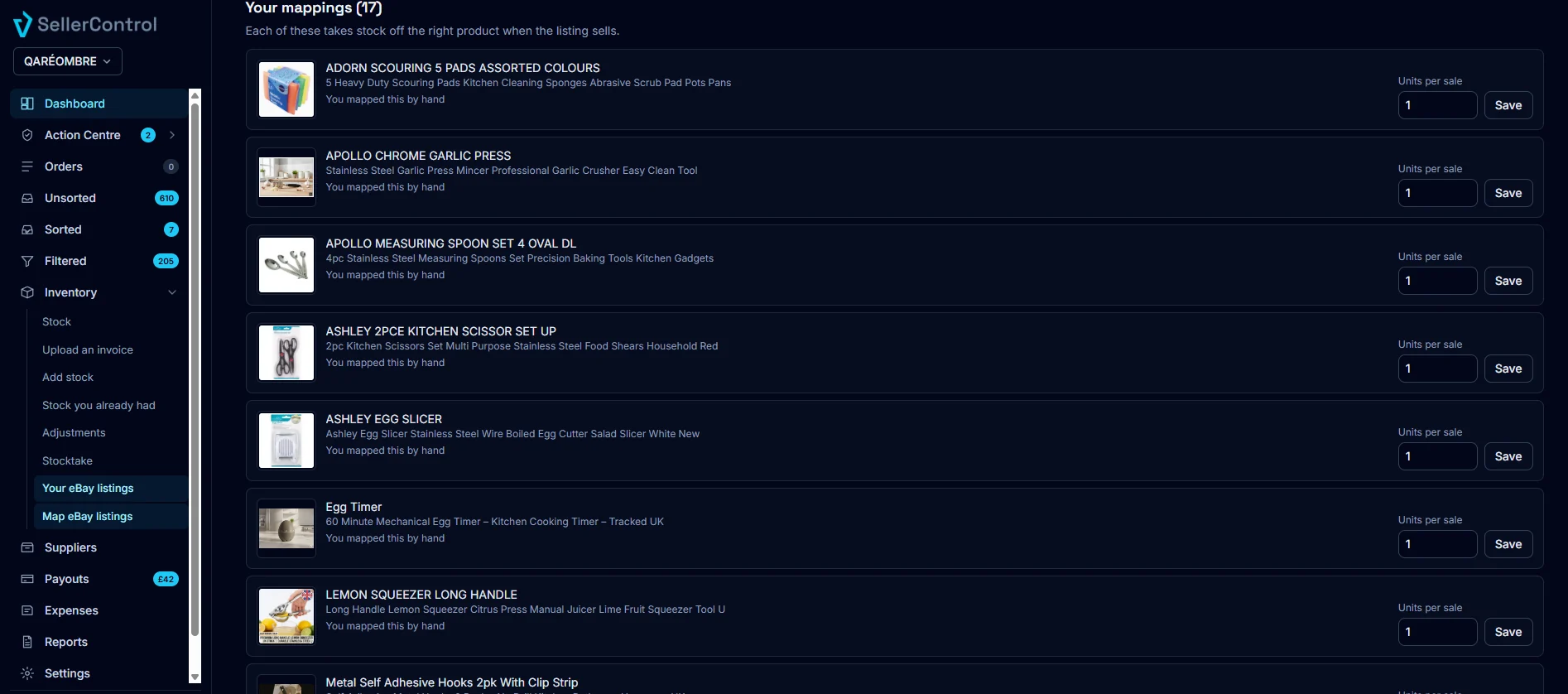 eBay listings mapped to products so stock comes off the right one when it sells