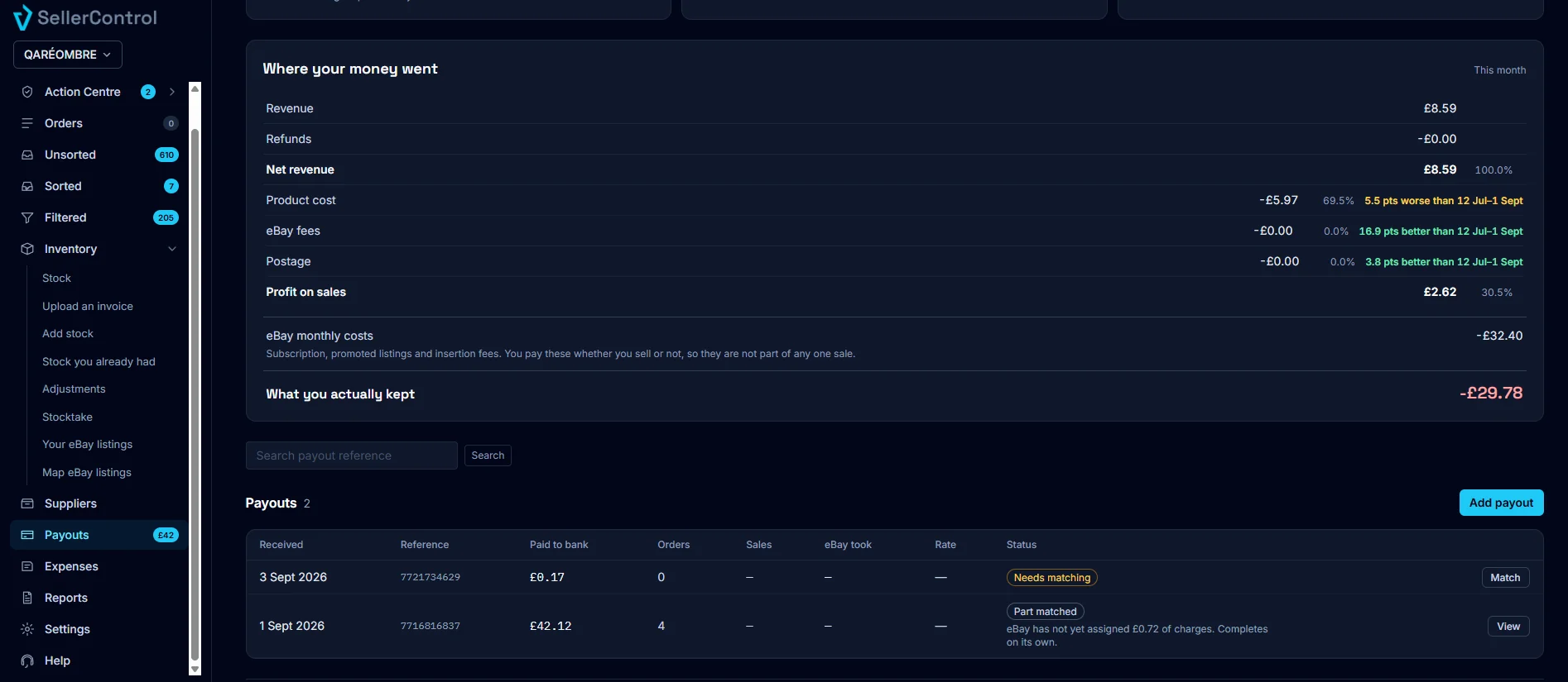 Payouts list showing a part-matched payout naming the outstanding charges